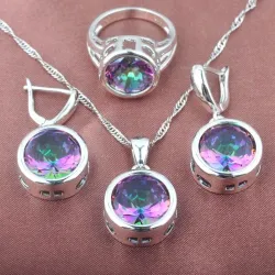 Conjuntos de joyasConjunto de joyería de moda en plata - con circonitas redondas - collar - pendientes - anillo