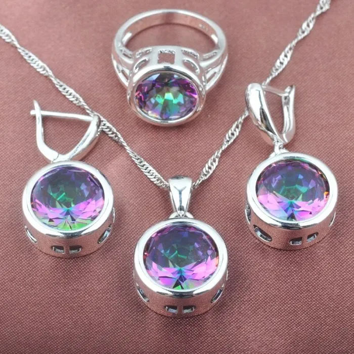 Conjuntos de joyasConjunto de joyería de moda en plata - con circonitas redondas - collar - pendientes - anillo