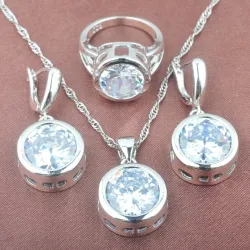 Ensemble de bijoux en argent à la mode - avec zircone ronde - collier - boucles d'oreilles - bague