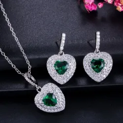 Luxuoso conjunto de joias de prata - pingentes em forma de coração - cristal - zircônia cúbica - colar - brincos