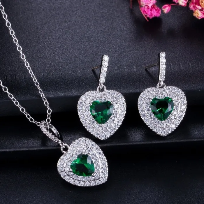 Lussuosa parure di gioielli in argento - pendenti a forma di cuore - cristallo - zirconi - collana - orecchini
