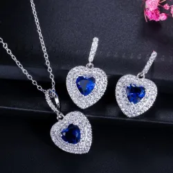 Luxuoso conjunto de joias de prata - pingentes em forma de coração - cristal - zircônia cúbica - colar - brincos