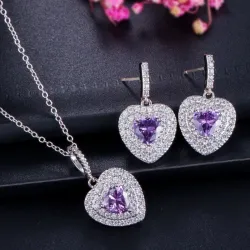 Luxuoso conjunto de joias de prata - pingentes em forma de coração - cristal - zircônia cúbica - colar - brincos