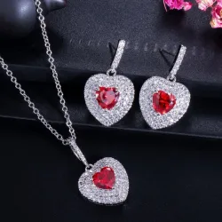 Lussuosa parure di gioielli in argento - pendenti a forma di cuore - cristallo - zirconi - collana - orecchini