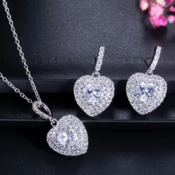 Luxuoso conjunto de joias de prata - pingentes em forma de coração - cristal - zircônia cúbica - colar - brincos