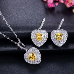 Luxuoso conjunto de joias de prata - pingentes em forma de coração - cristal - zircônia cúbica - colar - brincos