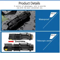 Powerful tactical flashlight - LED - 3 modes - zoomable - 1 - 6 piecesTorches