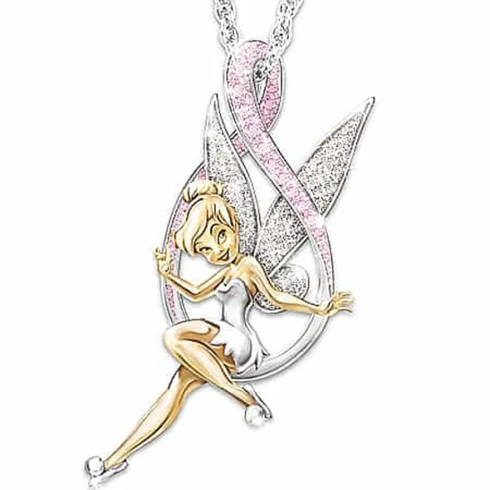 Elegant silverhalsband - rosa blomsterälva - änglavingar - kärlekshjärta