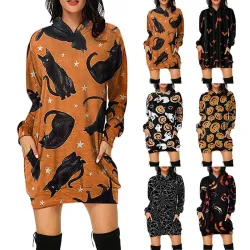 Mini hættekjole - løs pullover - med lommer - Halloween print - græskar - katte - edderkoppespind