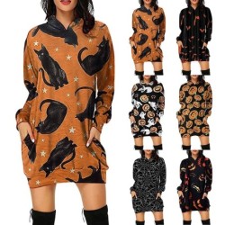 Mini sukienka z kapturem - luźny pulower - z kieszeniami - Halloweenowy nadruk - dynia - koty - pajęczynaSukienki