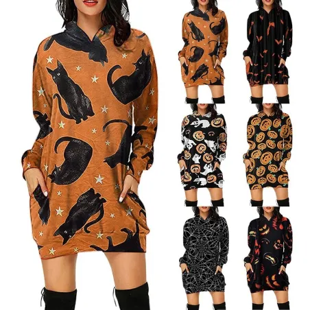 Mini hættekjole - løs pullover - med lommer - Halloween print - græskar - katte - edderkoppespind