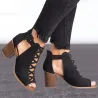 Modne buty drążone - sandały za kostkę - gruby obcasSandały