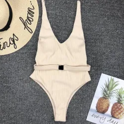 Baño y ropaTraje de baño de una pieza sexy acanalado - Monokini brasileño - con cinturón