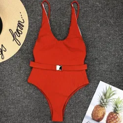 Baño y ropaTraje de baño de una pieza sexy acanalado - Monokini brasileño - con cinturón