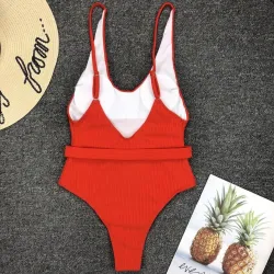 Baño y ropaTraje de baño de una pieza sexy acanalado - Monokini brasileño - con cinturón