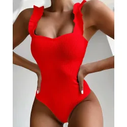 Sexy geribbeld badpak uit één stuk - decoratieve ruches - push-upBadkleding