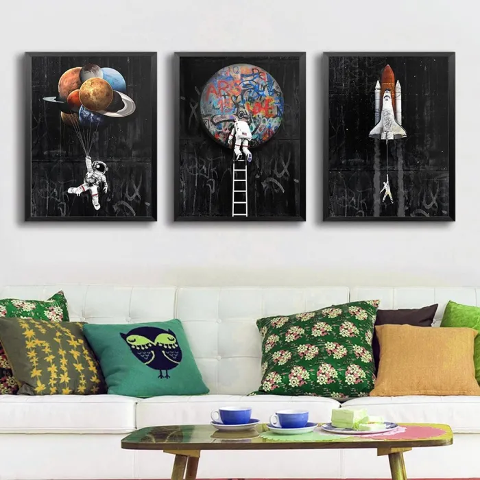 Astronaut - rum - raket - oliemaleri - lærredsvægplakat