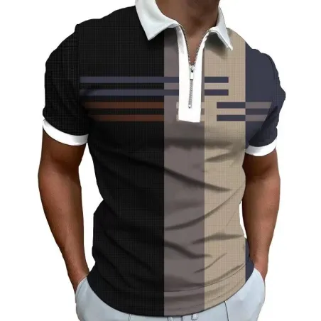 Elegant poloshirt - kortærmet - lynlås - striber - geometrisk print