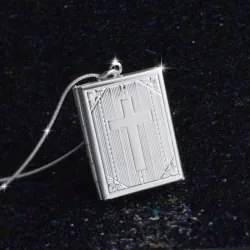 Médaillon de forme carrée - porte-photo - croix sculptée - collier - argent sterling 925