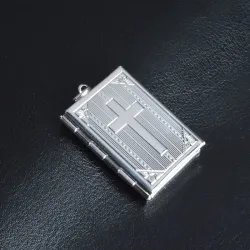Médaillon de forme carrée - porte-photo - croix sculptée - collier - argent sterling 925