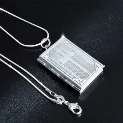 CollarMedallón de forma cuadrada - portafotos - cruz tallada - collar - plata de ley 925