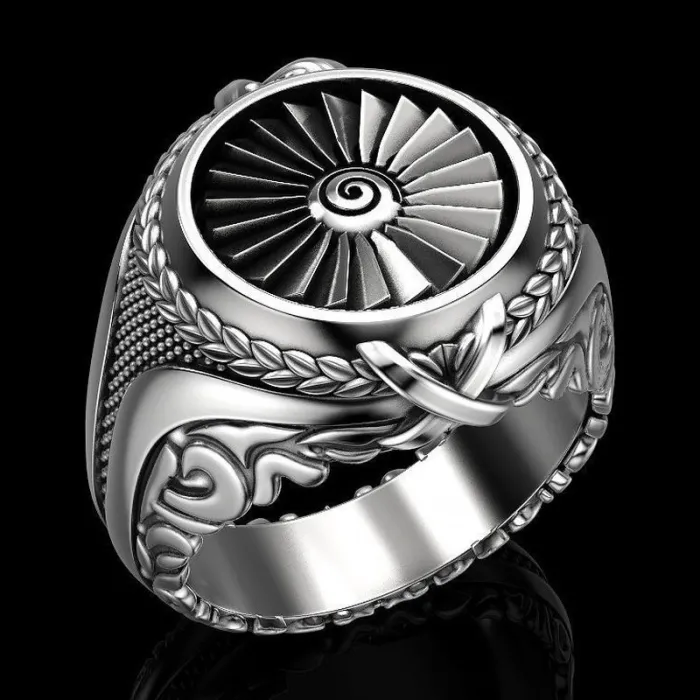 Bague en argent vintage - chevalière - style punk - turbine en métal - argent sterling 925