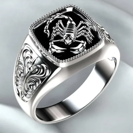 Anel vintage em relevo - anel de sinete - design de escorpião - prata de lei 925