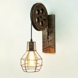 Retro remskiva vägglampa - trälampa