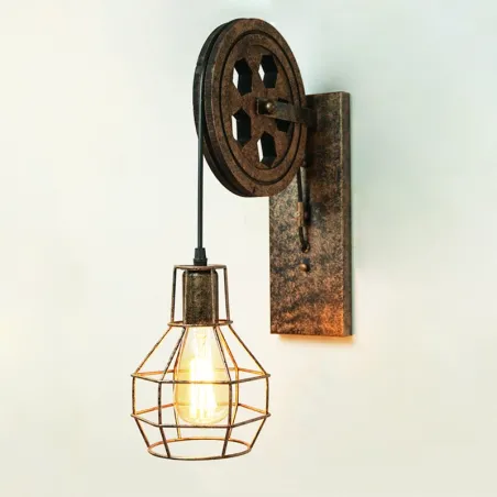 Retro katrol wandlamp - houten lampWandlampen