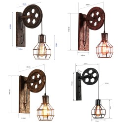 Luminária de parede com polia retrô - lâmpada de madeira