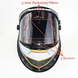 Kask spawalniczy z funkcją automatycznego przyciemniania - 3 filtry - DIN 4 - czujniki optyczne ANSI CSA AS/NZSKask Spawalniczy