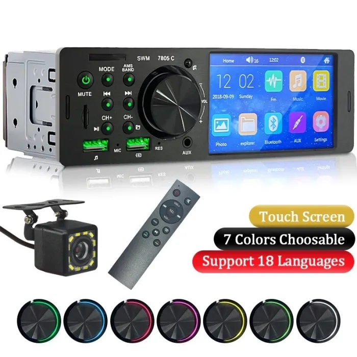 Autoradio 1 Din - écran tactile - télécommande - caméra - Bluetooth - AUX - USB - TF