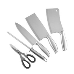 Keittiöveitsisarja - leikkausveitsi - katkaisuveitsi - sakset - veitsen teroitin - telineellä - ruostumaton teräs