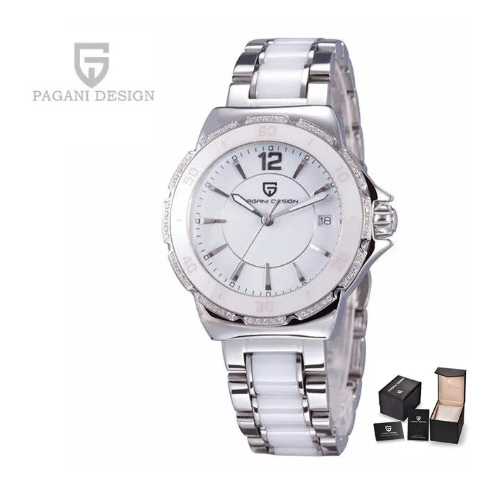 PAGANI DESIGN - luksuriøst dameur - diamanter - keramisk armbånd - vandtæt