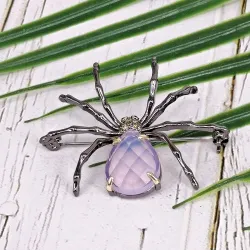 Elegant brosje - svart edderkopp - rosa opal