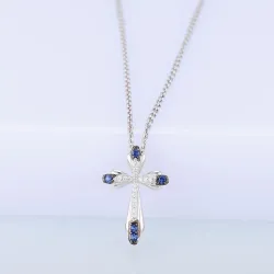 Elegant necklace - blue crystal cross - 925 sterling silverNecklaces