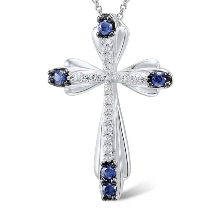 Elegant halskjede - blått krystallkors - 925 sterling sølv