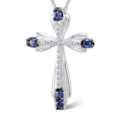 Elegant halskjede - blått krystallkors - 925 sterling sølv