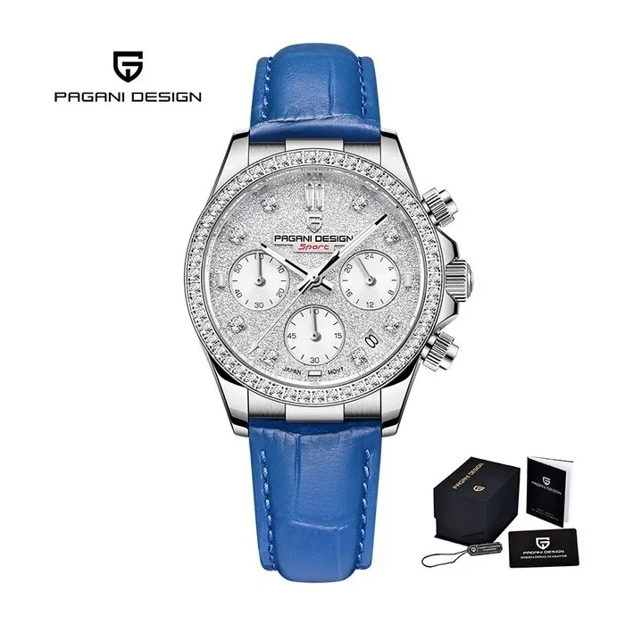 PAGANI DESIGN - relógio Quartz automático - com cristais - espelho de safira - pulseira de couro