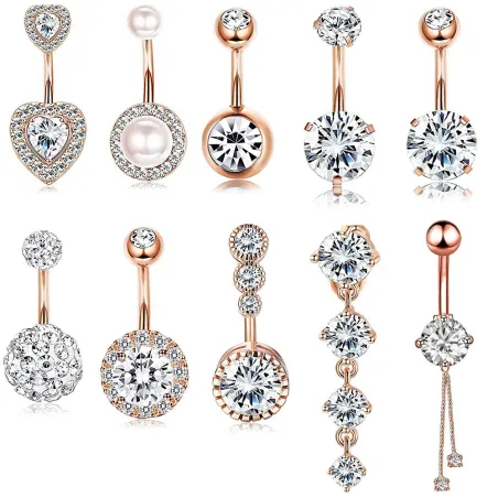Kolczyk do pępka - piercing - podwójna okrągła cyrkonia - stal chirurgiczna 316L - złotoPiercing