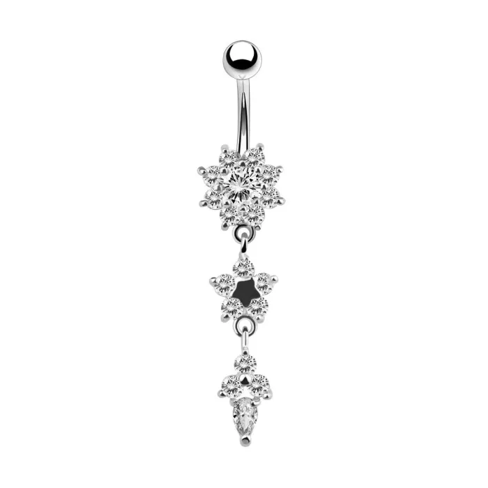 Kolczyk do pępka - piercing - podwójna okrągła cyrkonia - stal chirurgiczna 316L - srebroPiercing