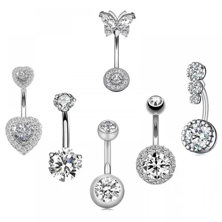 Piercing nombril - piercing - cristal papillon / coeur - acier chirurgical - 6 pièces
