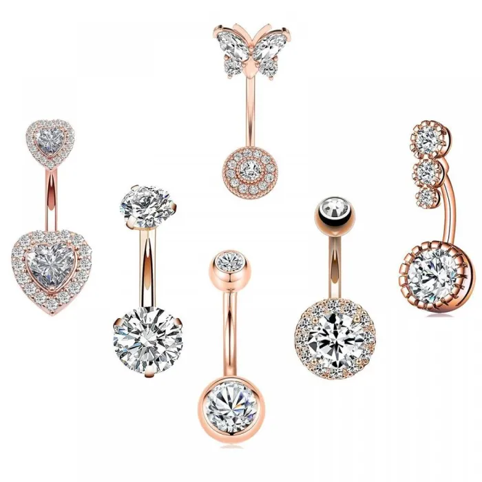 Piercing nombril - piercing - cristal papillon / coeur - acier chirurgical - 6 pièces