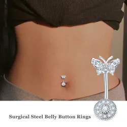 Navle ring - piercing - krystal sommerfugl / hjerte - kirurgisk stål - 6 stk.