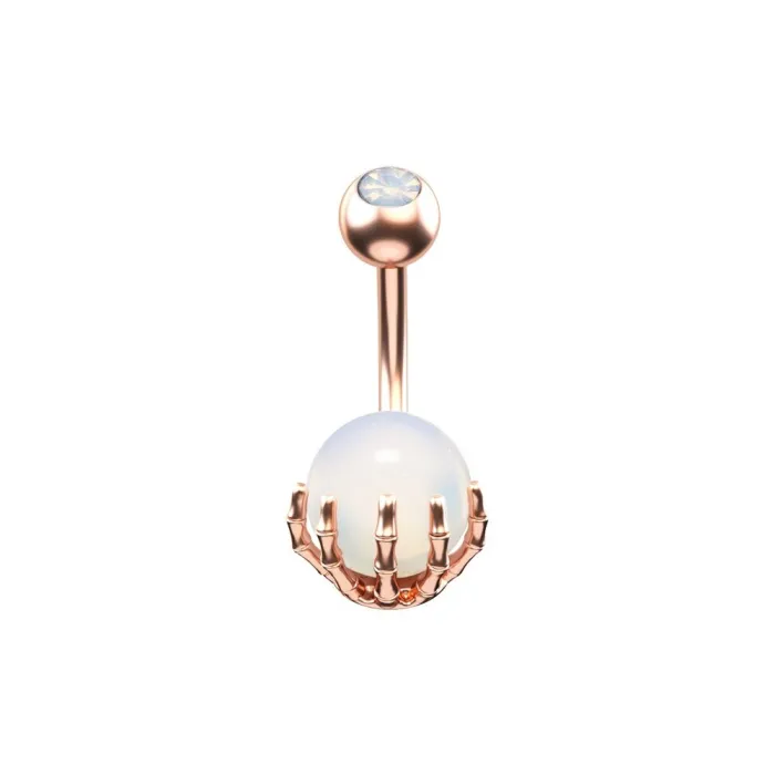 Piercing nombril - piercing - main squelette tenant boule d'opale - acier chirurgical
