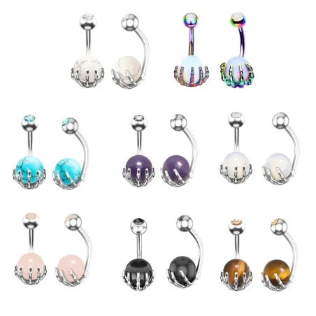Piercing nombril - piercing - main squelette tenant boule d'opale - acier chirurgical