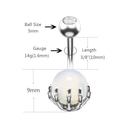 Navle ring - piercing - skelet hånd, der holder opal kugle - kirurgisk stål