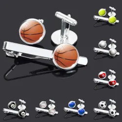 Modische silberne Manschettenknöpfe - Krawattennadel - Basketball - Fußball - Baseball - Volleyball - Golf - Set