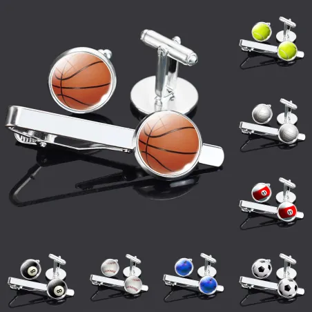 Fasjonable mansjettknapper i sølv - slips - basketball - fotball - baseball - volleyball - golf - sett