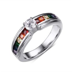 Fashionable ring - colorful rainbow zirconia - unisex - stainless steel